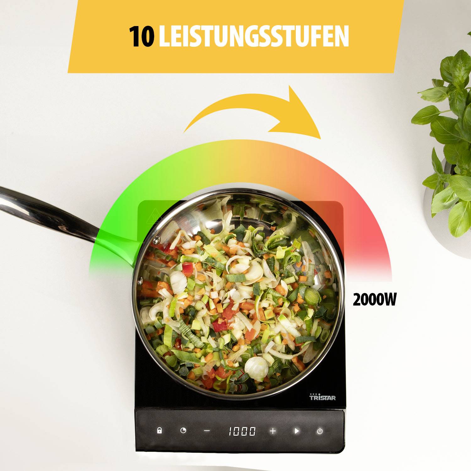 Electric hob with 2000W, showing a pan with vegetables. Text at the top: '10 power levels'.