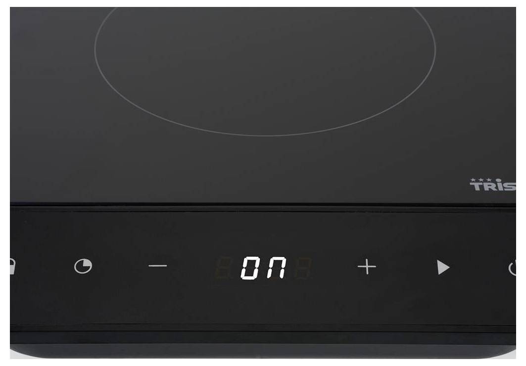 A black induction hob with a digital display reading 'ON'. Sleek, modern design.