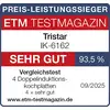 'ETM Testmagazin' label for Tristar IK-6162, rated 'Sehr Gut' at 93.5%. Mention of comparison test, 4 double induction plates as 'sehr gut', valid until 09/2025.