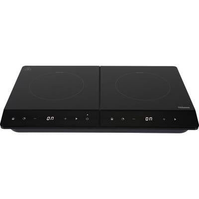 A black, double induction hob with two cooking zones and digital touch controls below.