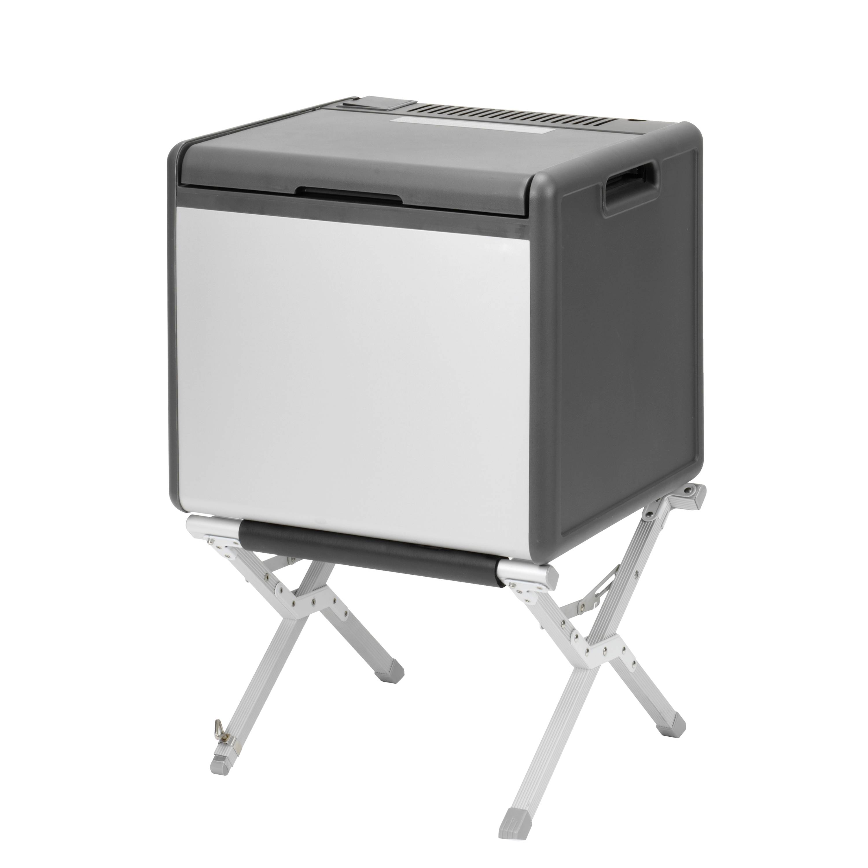 A portable fridge on a silver metal stand. The fridge is grey with a white front.