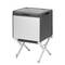 A portable fridge on a silver metal stand. The fridge is grey with a white front.