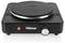 Portable black electric hotplate with a rotary control dial and indicator light on the front.