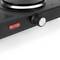 Portable electric hotplate with rotary temperature control dial and illuminated indicator, featuring a square black surface.