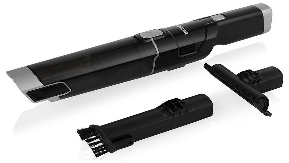 Cordless mini vacuum cleaner in black with two attachments, including a brush attachment and a narrow nozzle tool, for precise cleaning.