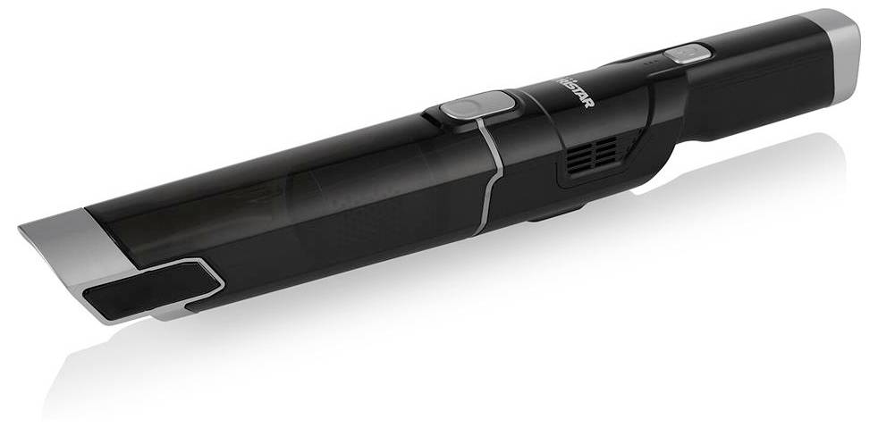 A black, cordless handheld vacuum cleaner with a sleek design and grey accents, suitable for cleaning smaller areas.