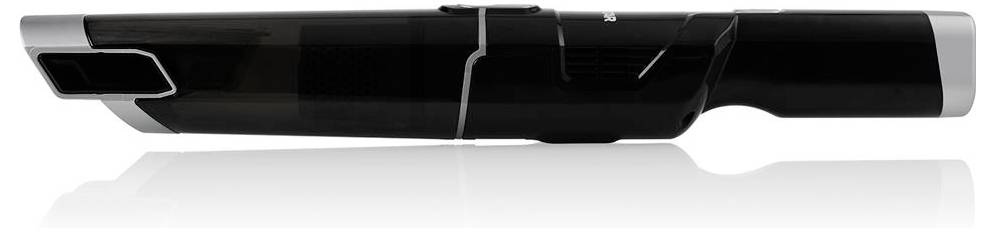 A black, slim portable vacuum cleaner with silver accents lies horizontally, showing its side view.