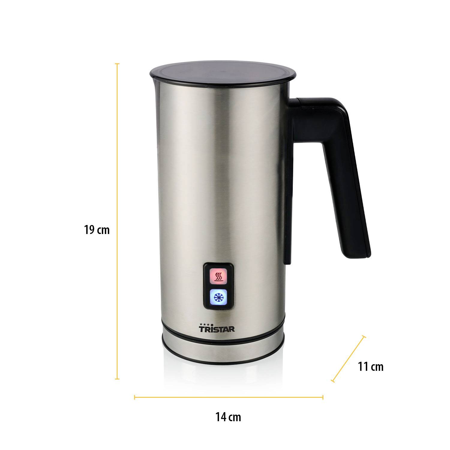 'Stainless steel milk frother with handle. Two switches for hot or cold milk. Dimensions: 19 cm height, 14 cm width, 11 cm depth.'