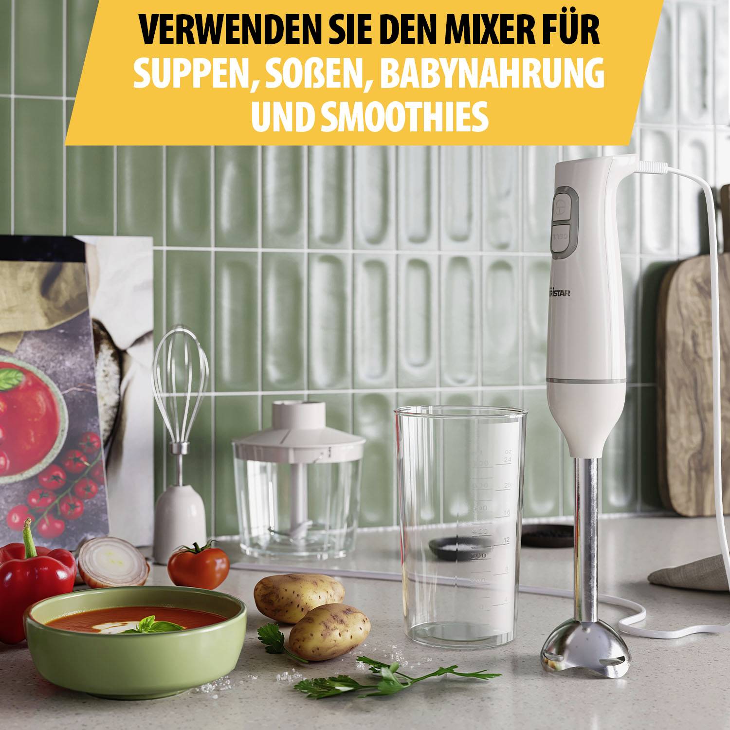 'Use the blender for soups, sauces, baby food and smoothies.' The blender is situated in a kitchen next to some vegetables.