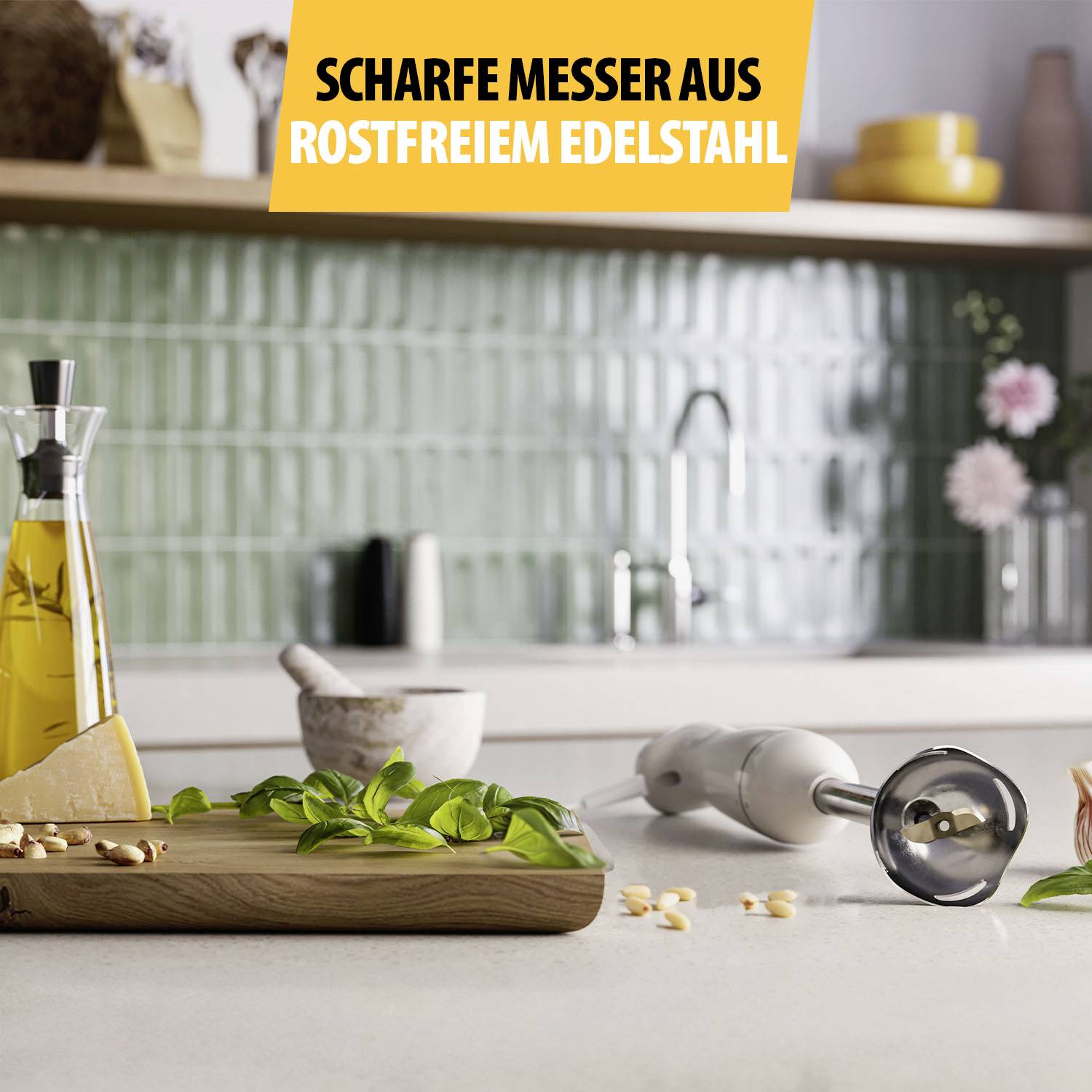 Sharp knives made of stainless steel are lying on a chopping board, surrounded by kitchen utensils, with a modern kitchen in the background.