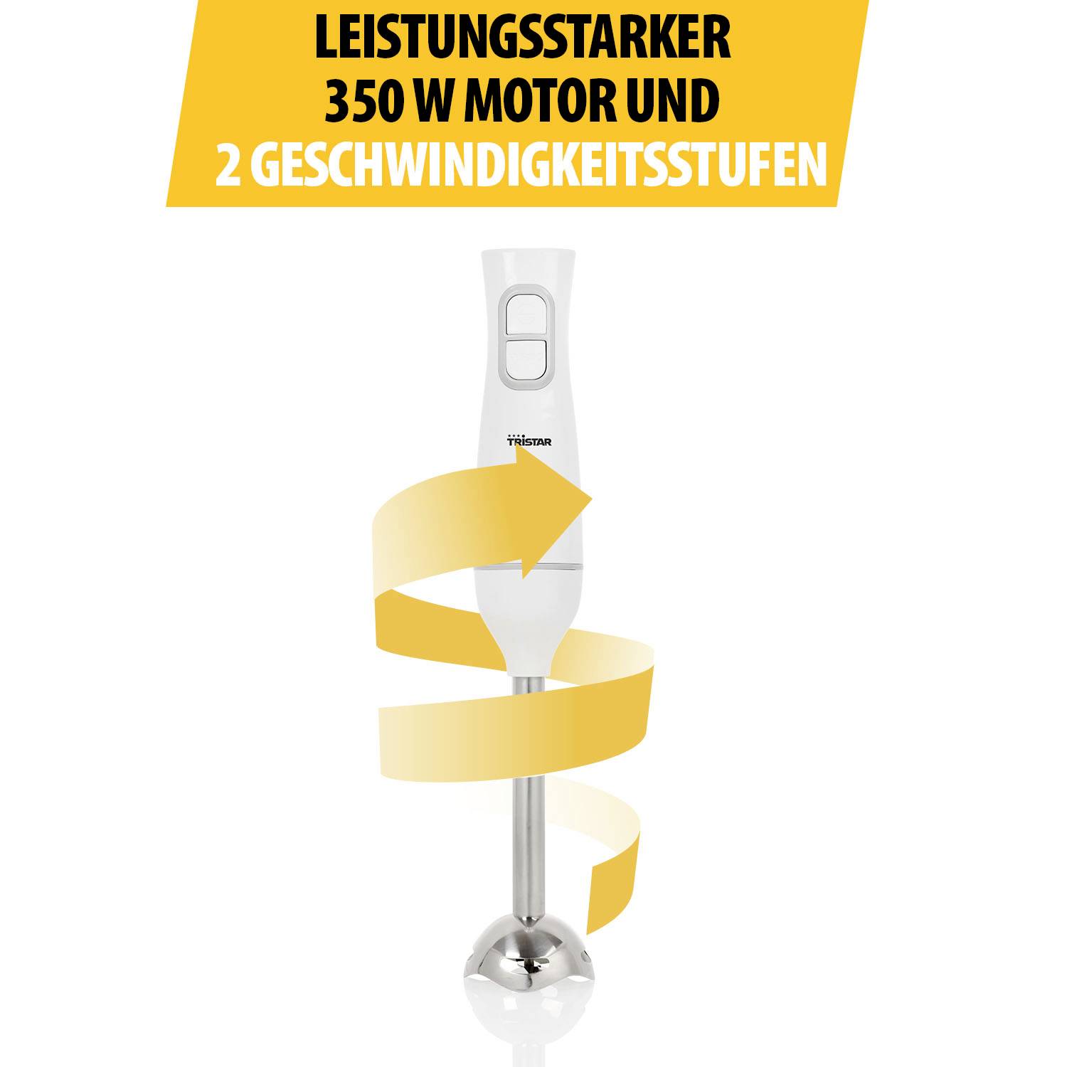 A hand blender with the label 'Powerful 350 W motor and 2 speed settings'.