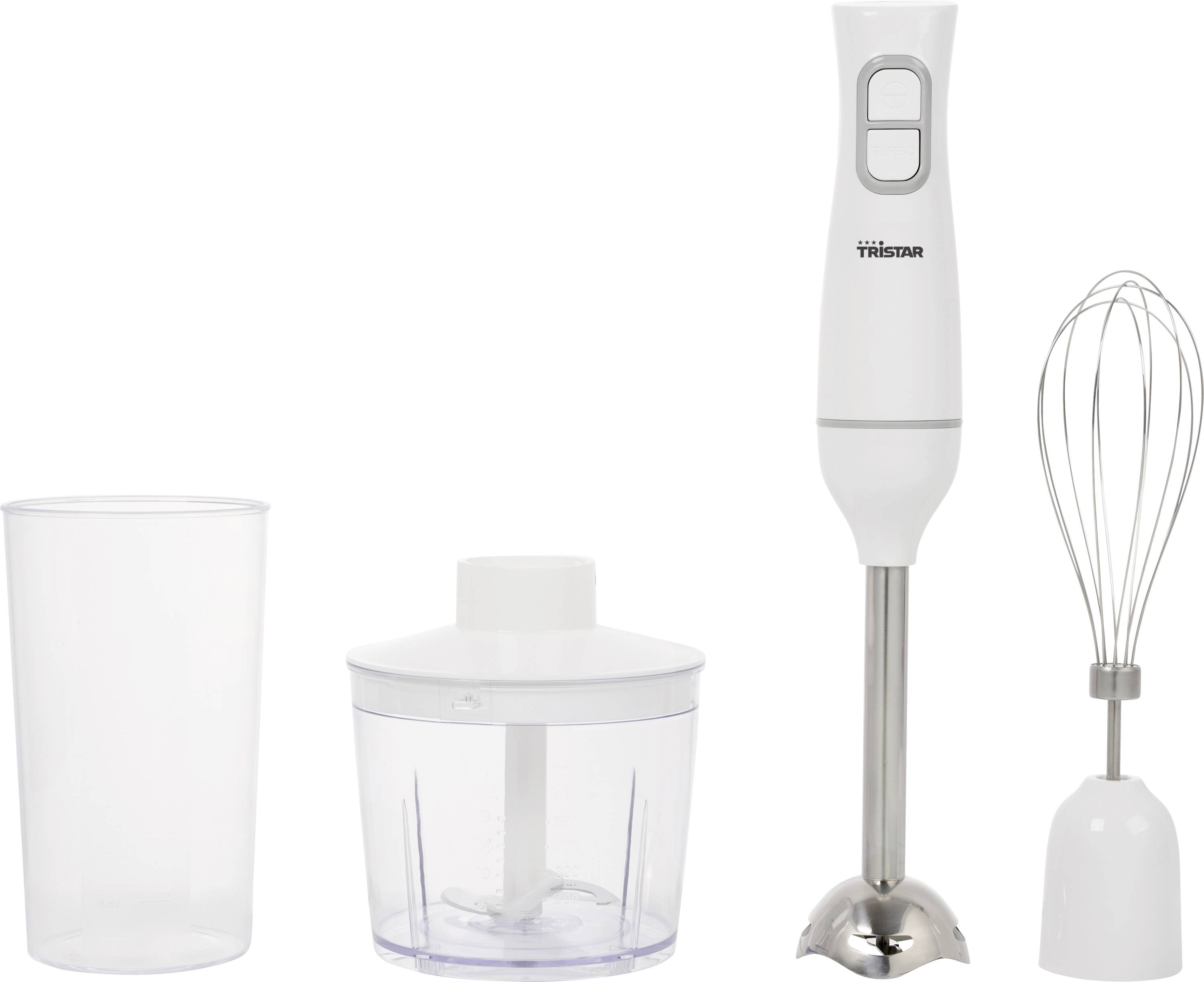 A white hand blender set with mixing stick, whisk, chopper and measuring jug. Ideal for blending, chopping and whisking.