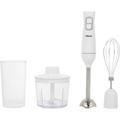 A white hand blender set with mixing stick, whisk, chopper and measuring jug. Ideal for blending, chopping and whisking.