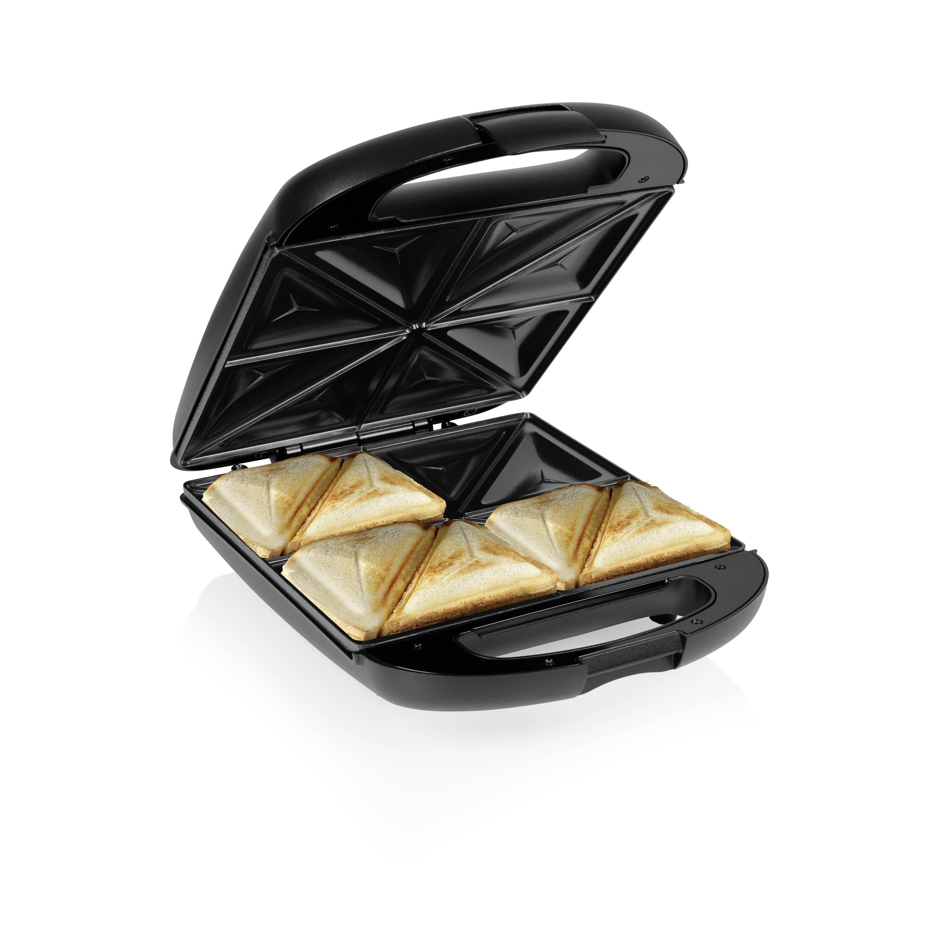 A sandwich maker with four golden-brown toasted sandwiches. The lid is open, revealing the ridged heating plates.
