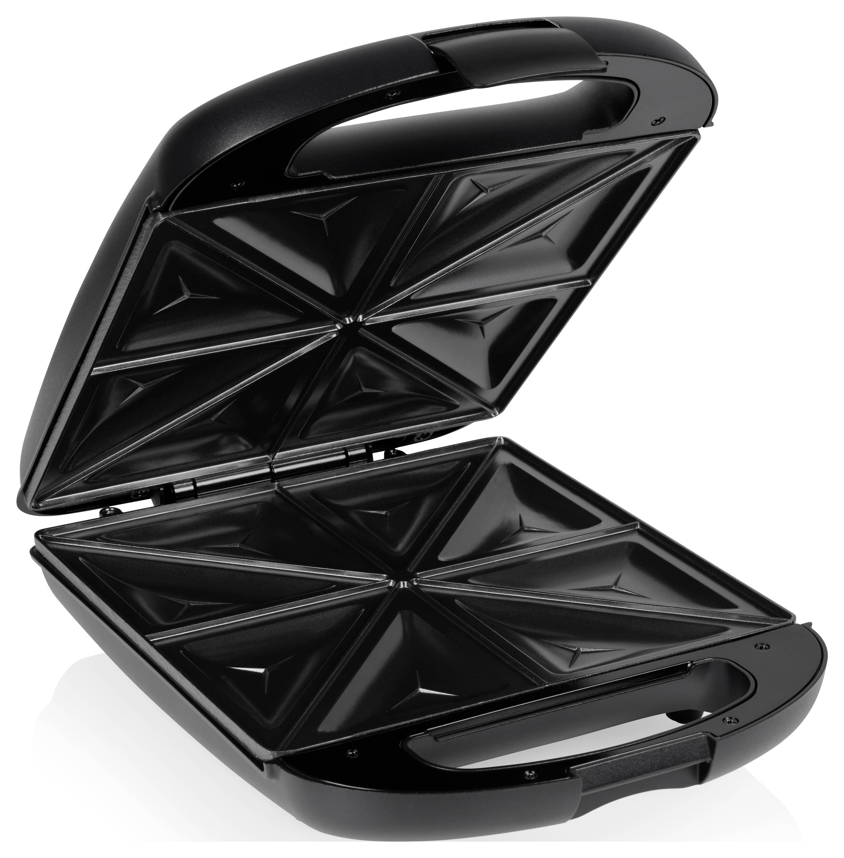 Black sandwich maker device opened, showing four triangular compartments for toasting sandwiches. Ideal for quick preparation.