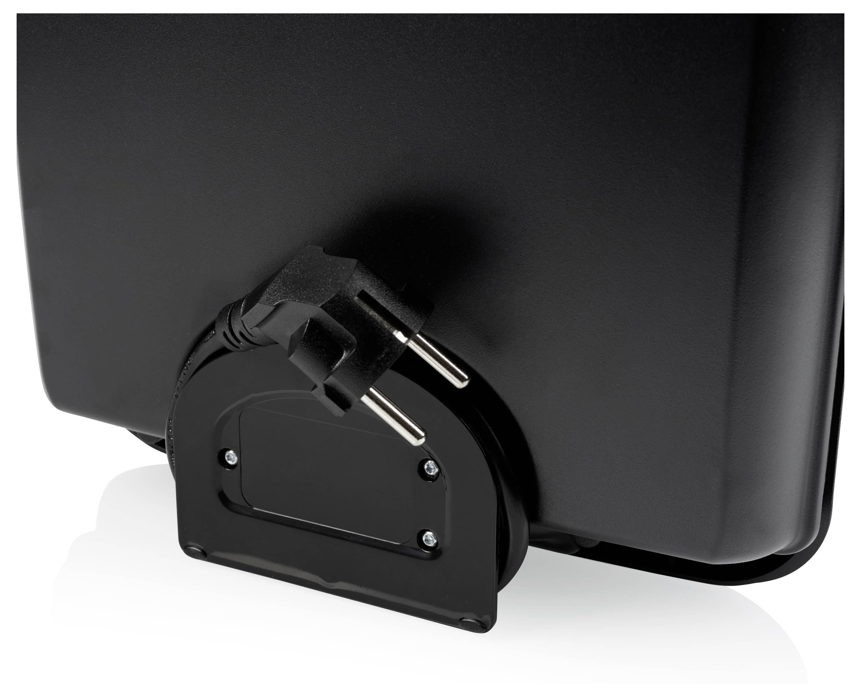 A black electric contact grill with an integrated cable holder, where the detachable power plug is neatly stored.