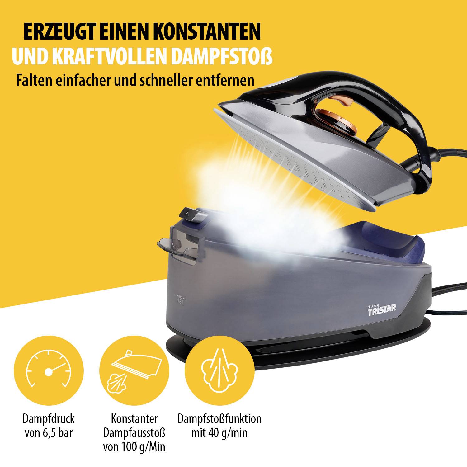 A steam iron with steam emission on a yellow surface. Text describes constant steam bursts for quick wrinkle removal.