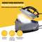 A steam iron with steam emission on a yellow surface. Text describes constant steam bursts for quick wrinkle removal.