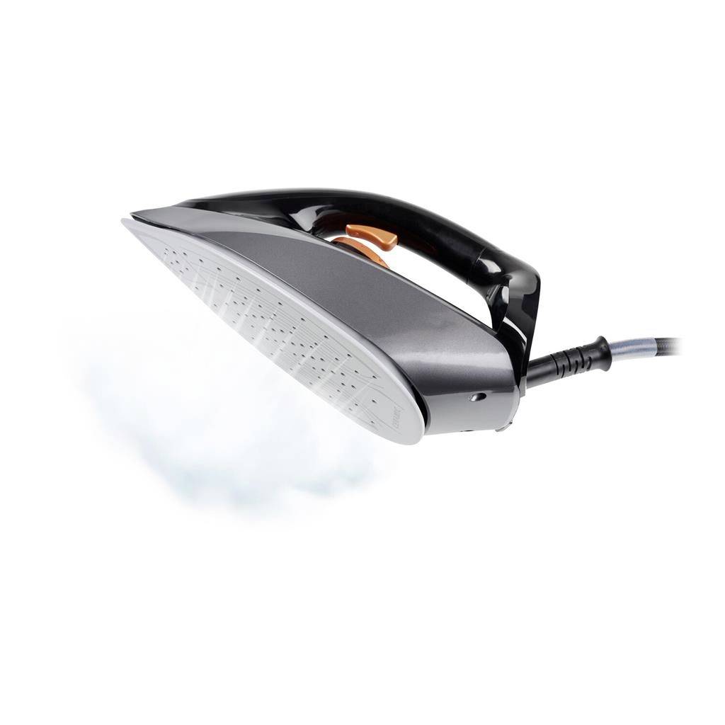 A black steam iron is emitting visible steam. It is positioned so that the iron's sole plate and steam outlet are visible.