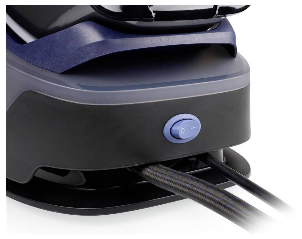 Steam iron station with a blue on/off switch at the base. Cables leading away from the station.