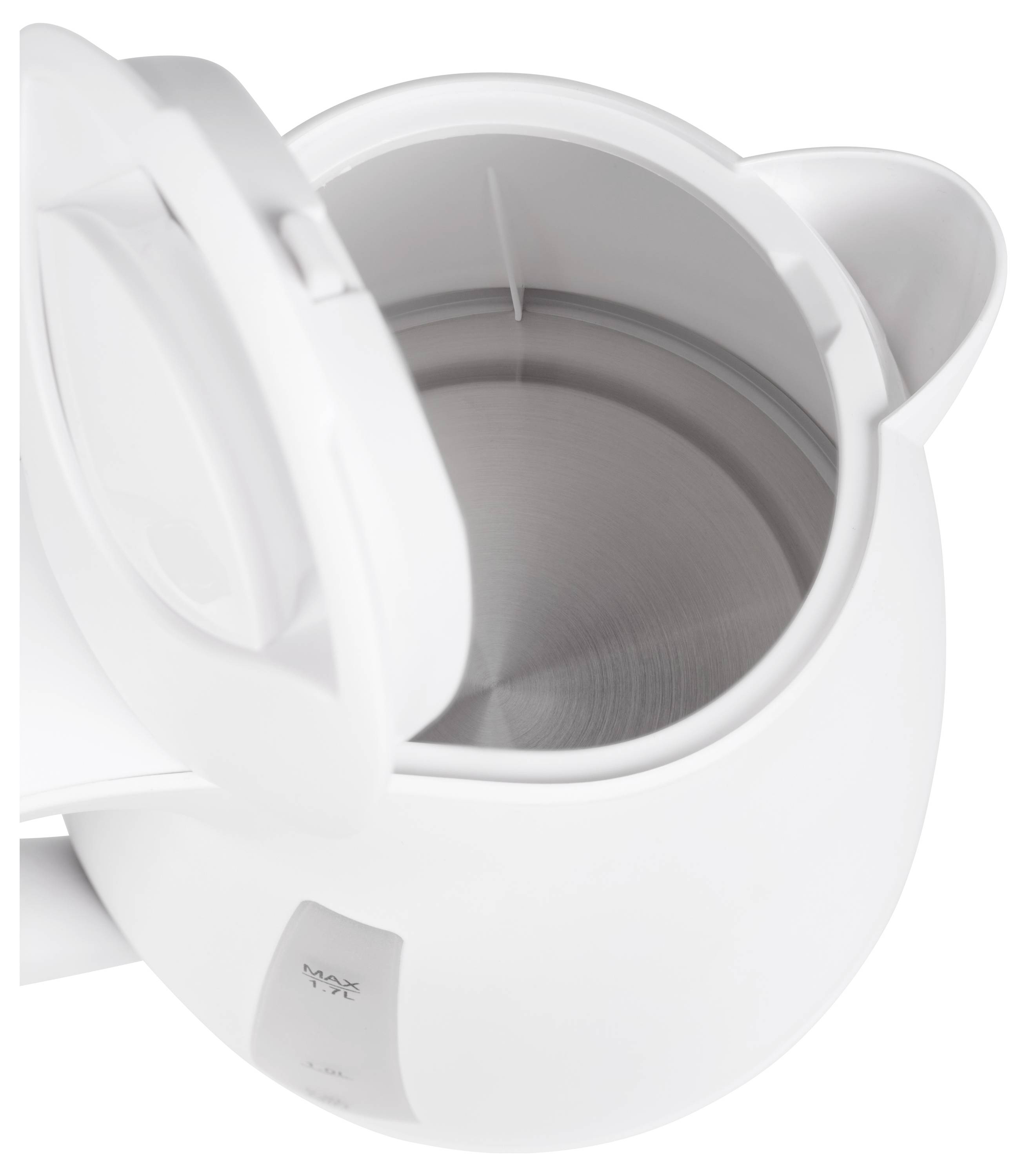 White electric kettle, viewed from above with the lid open and empty interior.