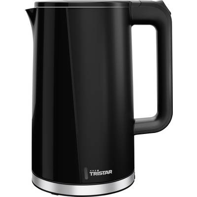 A black Tristar kettle, modernly designed with a silver base.