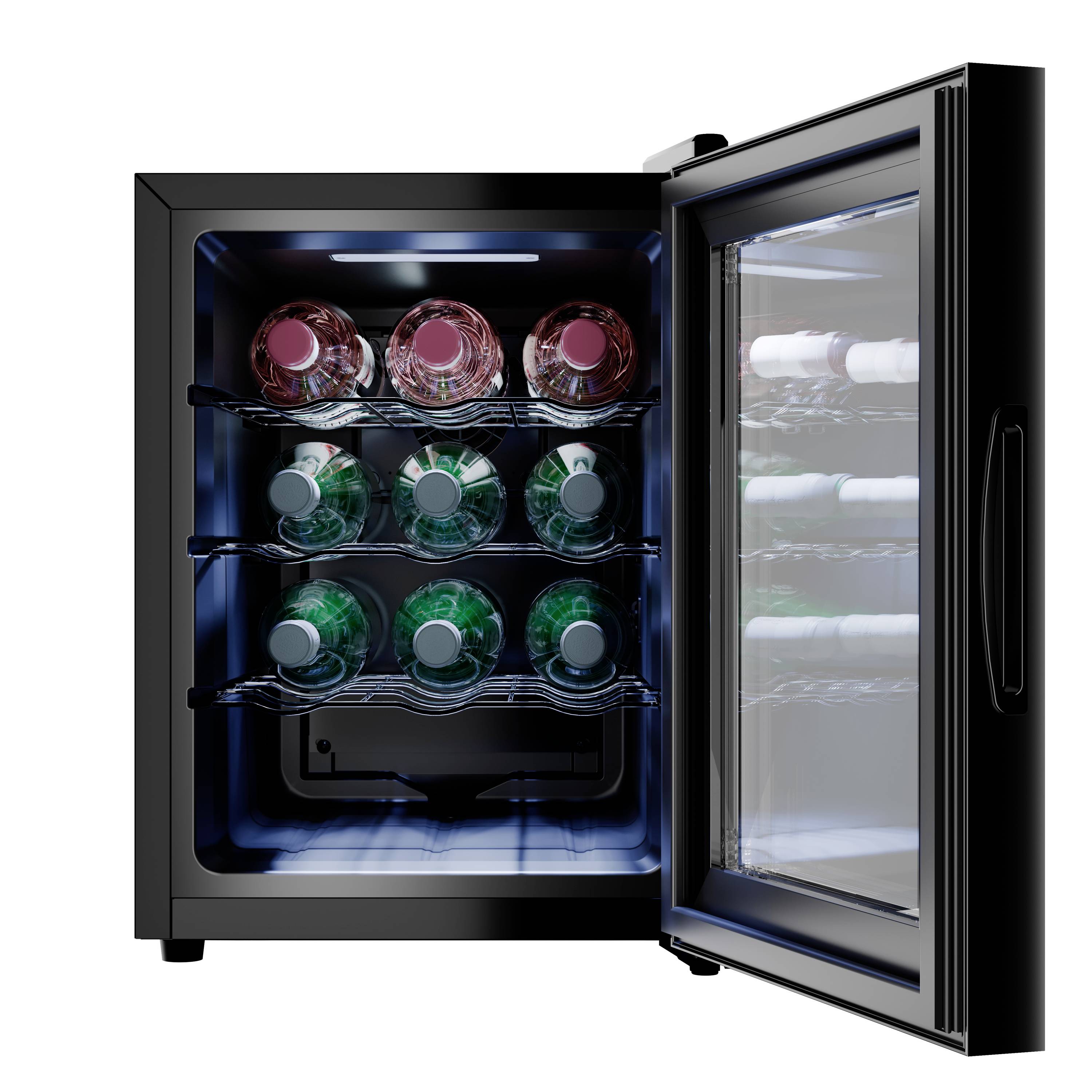 An open wine fridge with three shelves, filled with wine bottles in red and green hues; the door is made of glass.