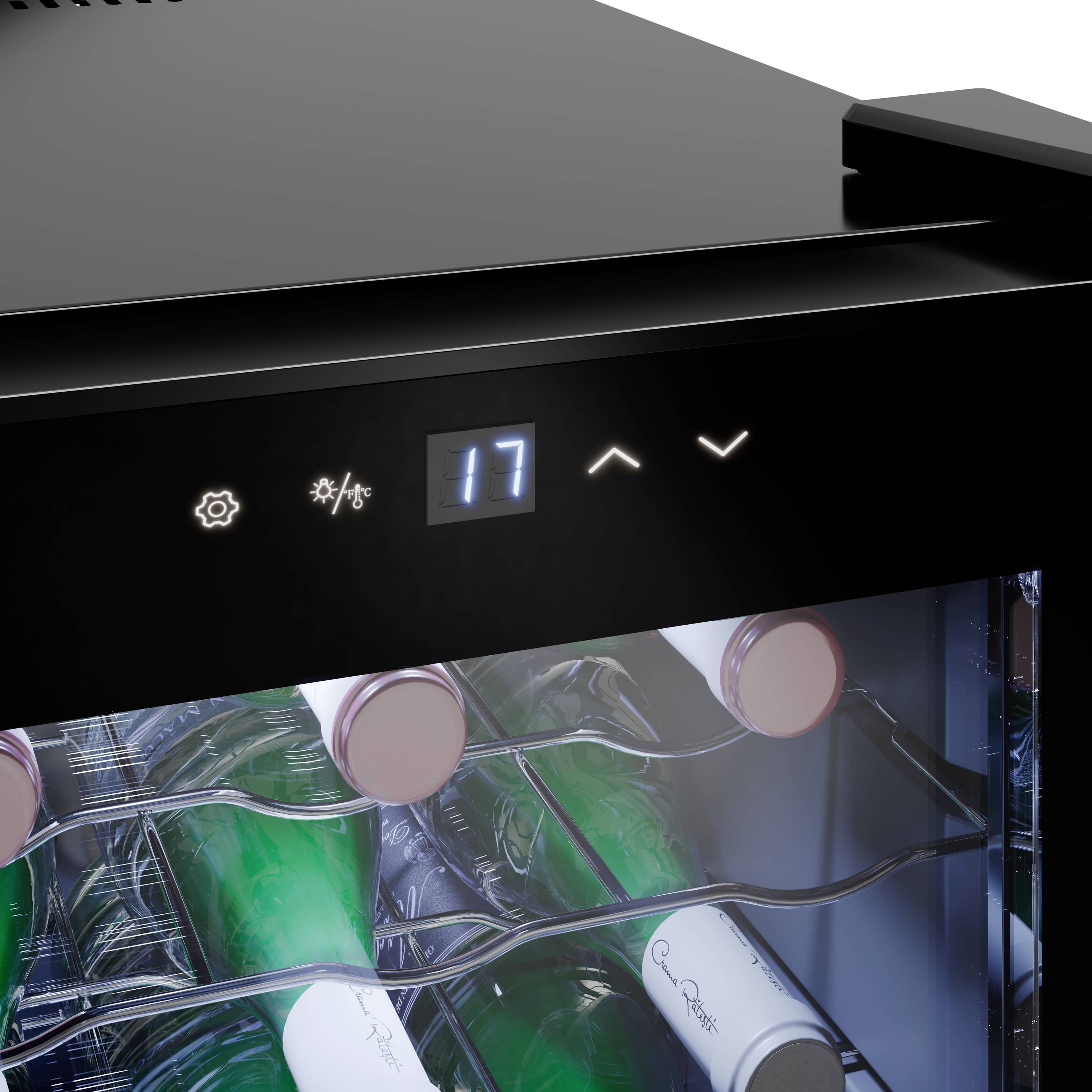 Close-up of a wine cooler with a digital temperature display. Interior shelves display bottles. Temperature display shows '17' degrees.