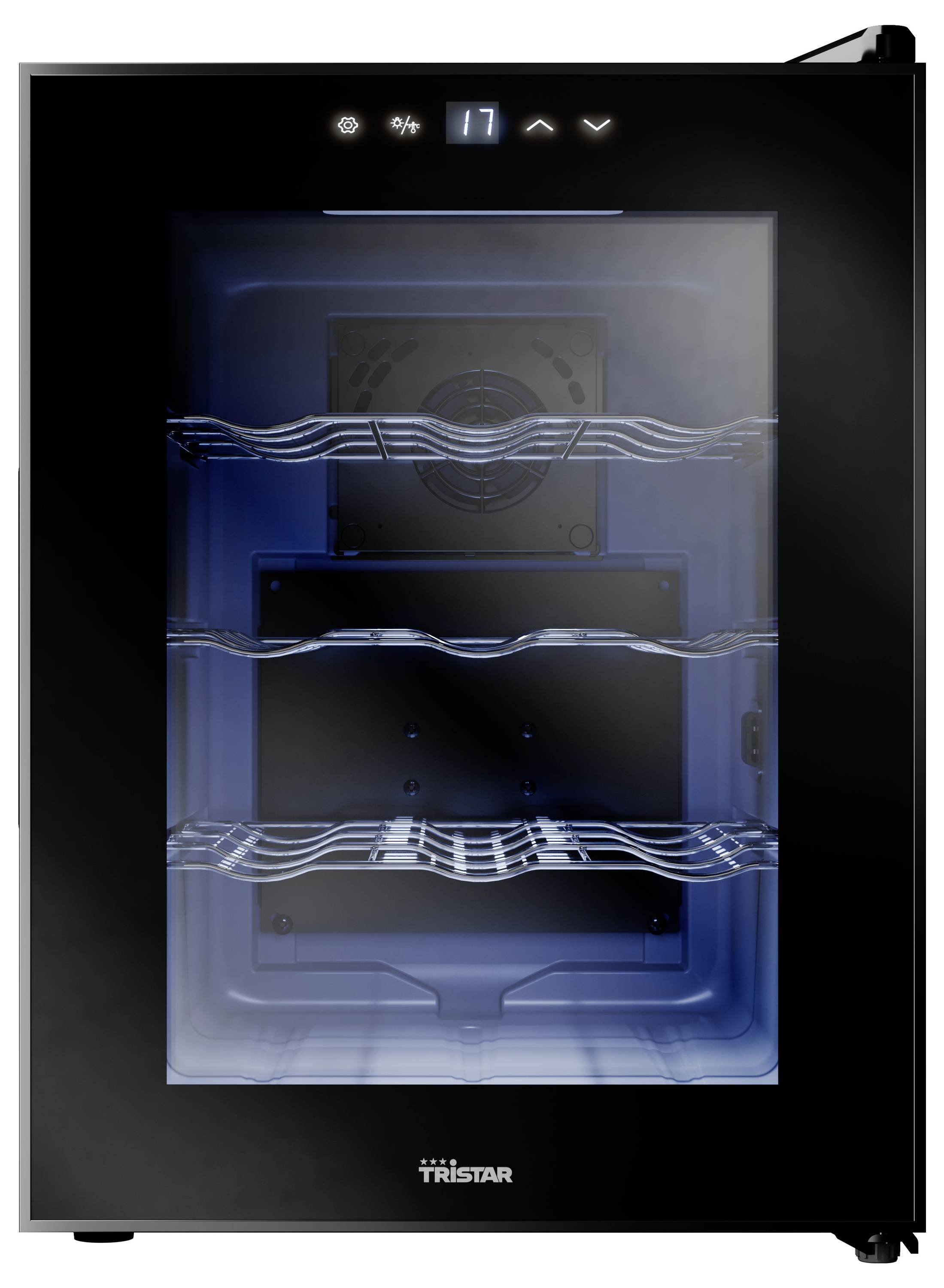 Black Tristar wine cooler with glass door, two shelves, temperature display at the top.