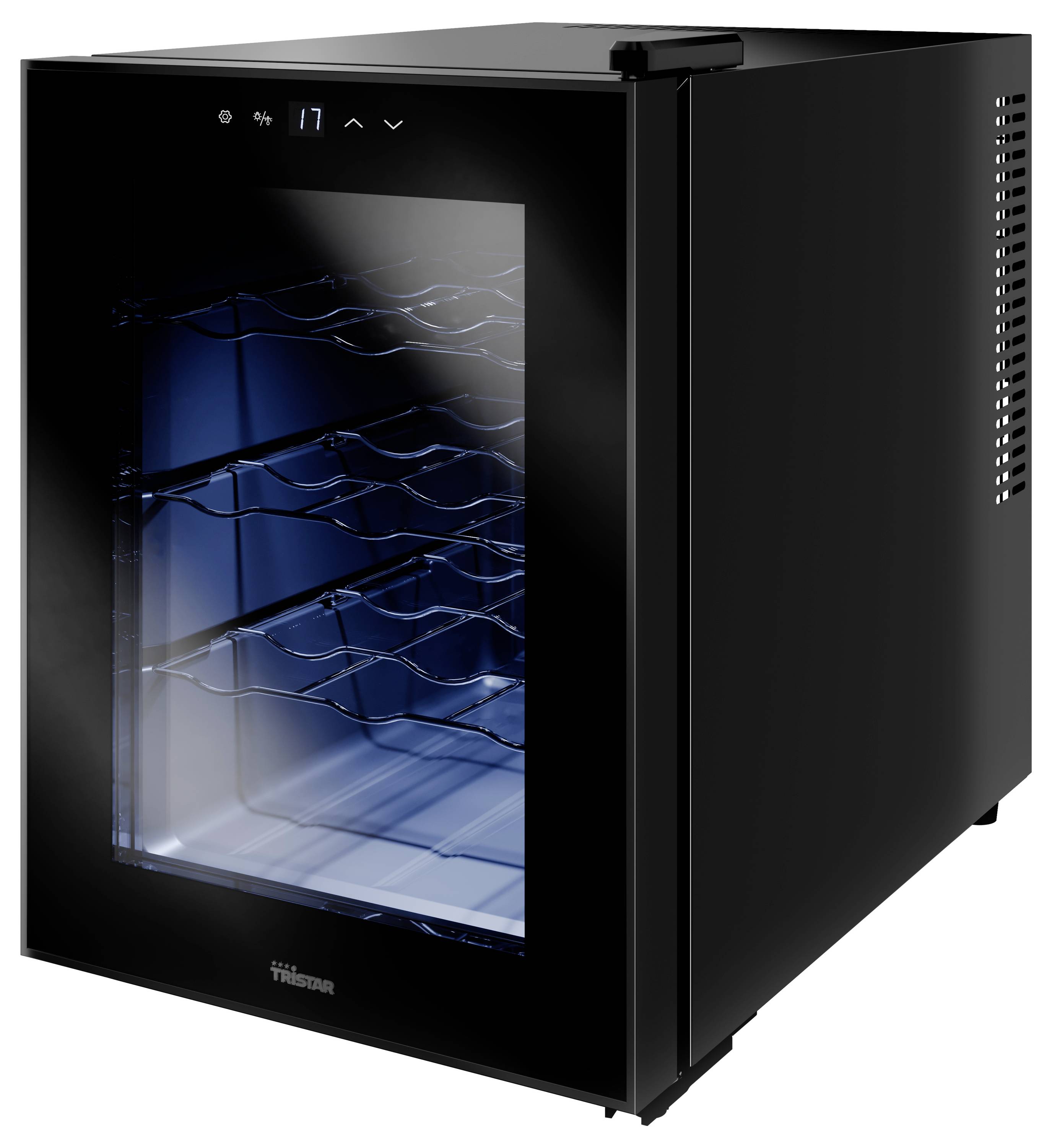 Black wine cooler with glass door. Three shelves for storing bottles. Reflective light on the front.