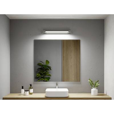 A bathroom with a large mirror, a rectangular sink on a wooden countertop and two plants.