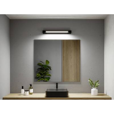 A modern bathroom with a rectangular mirror, a black tap and washbasin. A potted plant on the left, wall panel on the right.