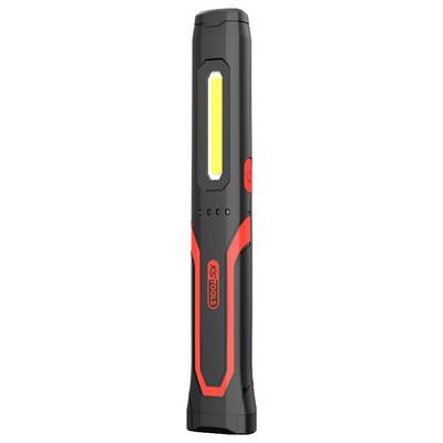 Black and red LED torch in vertical orientation. Ergonomic design with switch in the centre and light strip at the top.