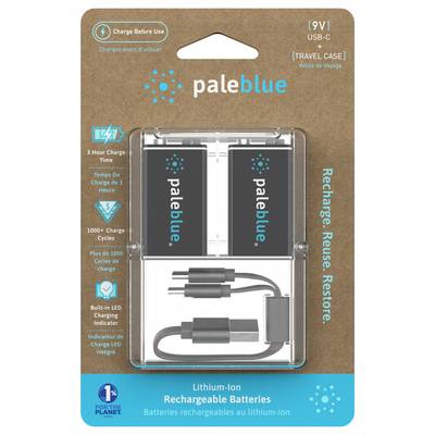 Two rechargeable lithium-ion batteries with USB-C ports in one package. The brand name 'paleblue' is visible.