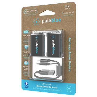 'Paleblue' rechargeable 9V lithium-ion batteries with USB-C charging and travel case. Package contains two batteries and a charger.