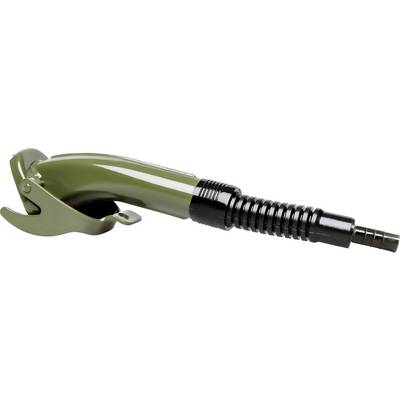 Green tap with a black hose connection, close-up view, showcasing tank technology or dispensing process.