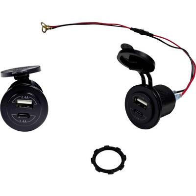 Two black USB charging sockets with covers and cables, suitable for installation, each with two ports for 2.4A charging.