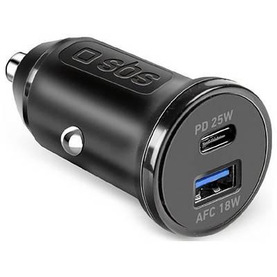 Car charger with USB-C and USB-A ports, supporting PD 25W and AFC 18W, black. Ideal for charging devices in the vehicle.