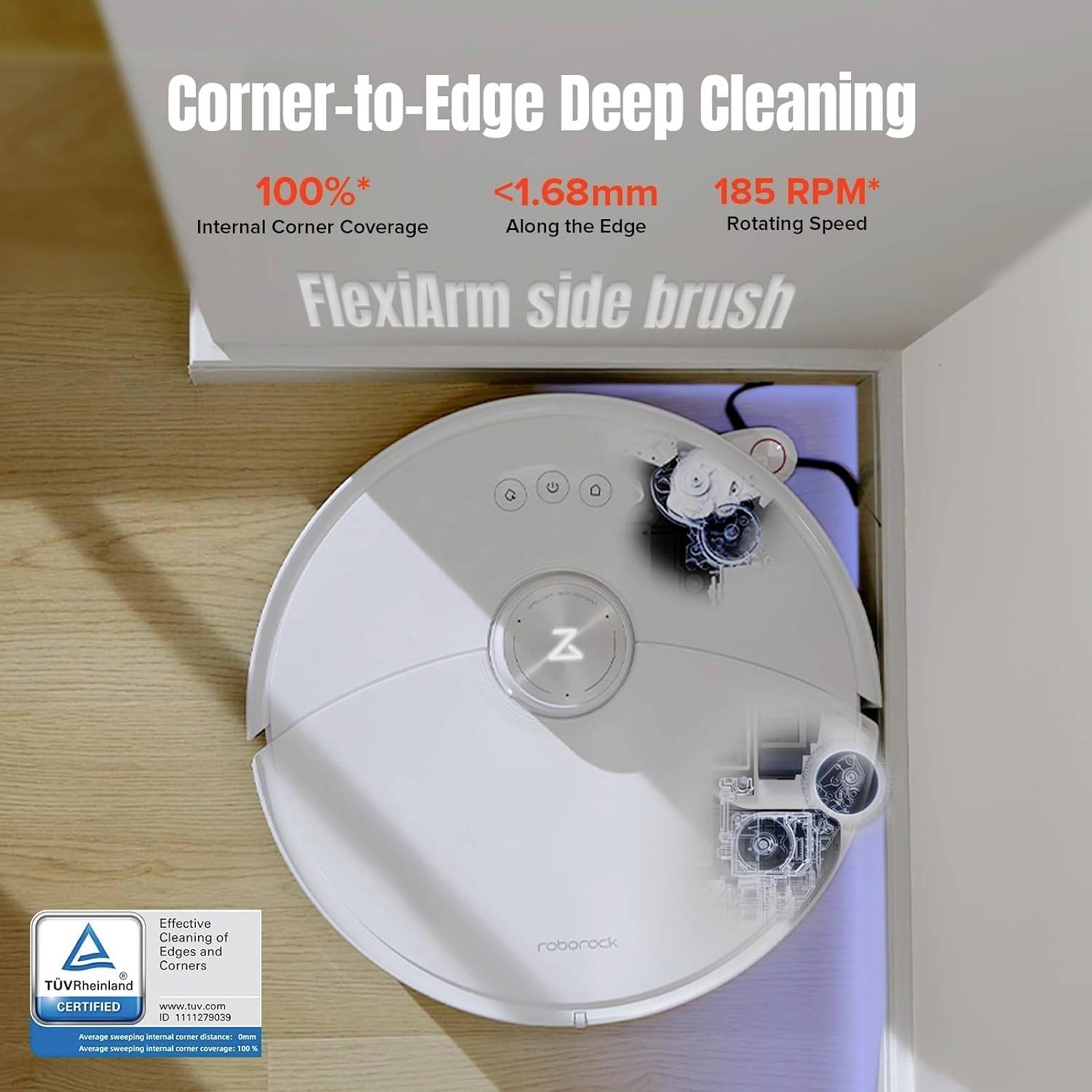 A robot vacuum cleaner is cleaning a corner. Text shows "Corner-to-Edge Deep Cleaning", "100% Internal Corner Coverage", "Less than 1.68mm Along the Edge", "185 RPM Rotating Speed", "FlexiArm Side Brush". TÜV Certificate in the bottom left.