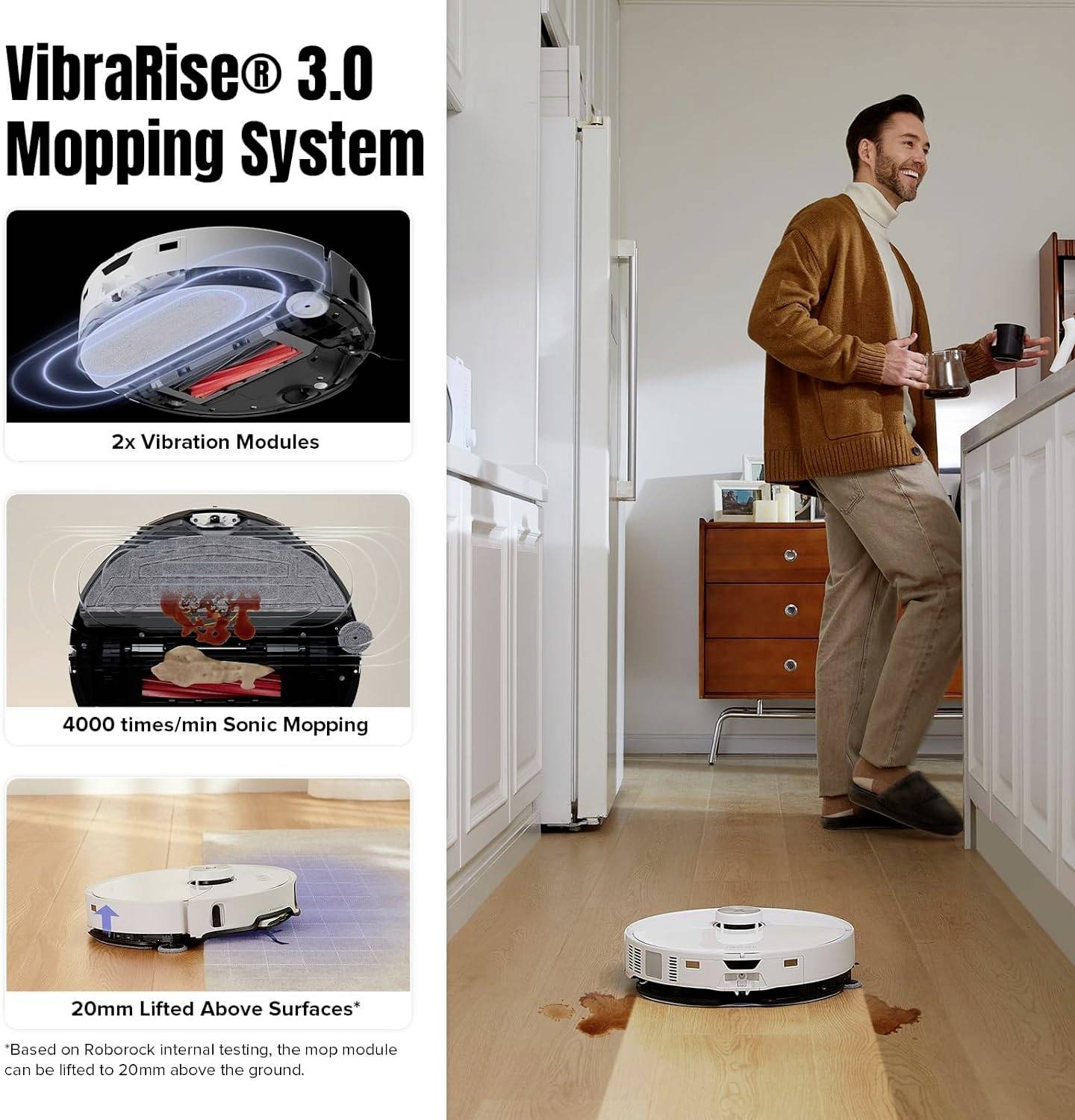 A man in a kitchen enjoys coffee while a robotic vacuum cleaner mops the floor. Technical details about the robot are visible on the left.