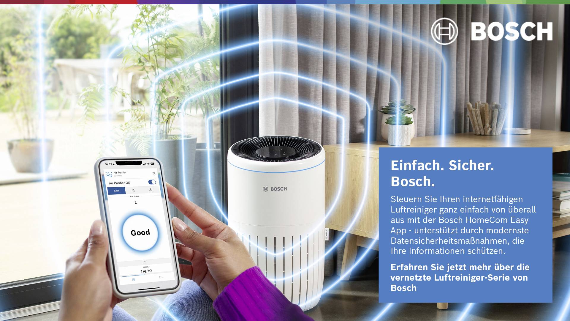 A person is holding a smartphone with a 'Good' display, next to a Bosch air purifier. Text in a blue box reads: 'Simple. Safe. Bosch.' describing features.
