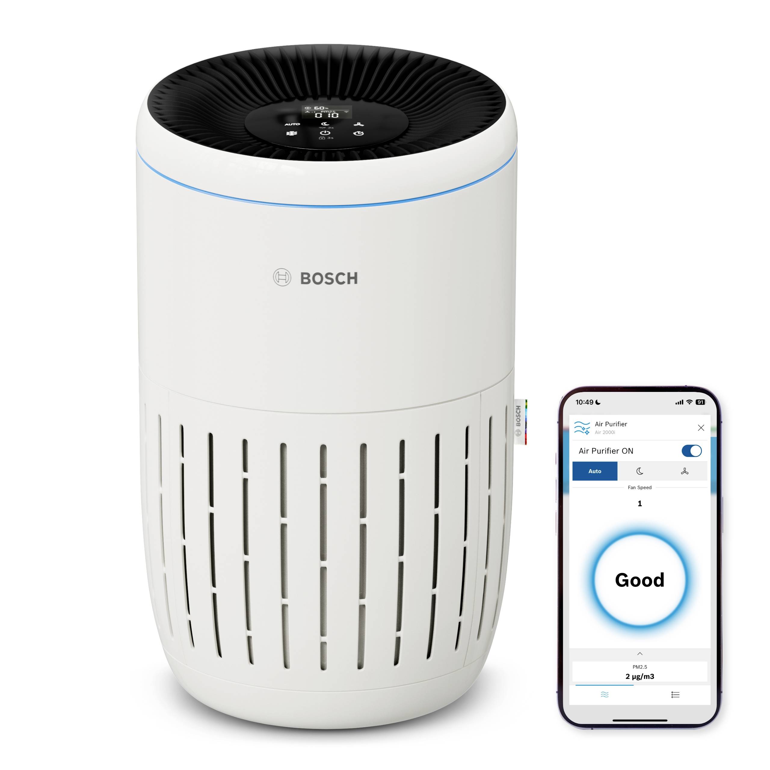 A white air purifier with a digital display next to a smartphone showing an app with the display 'Air Purifier ON' and 'Good'.