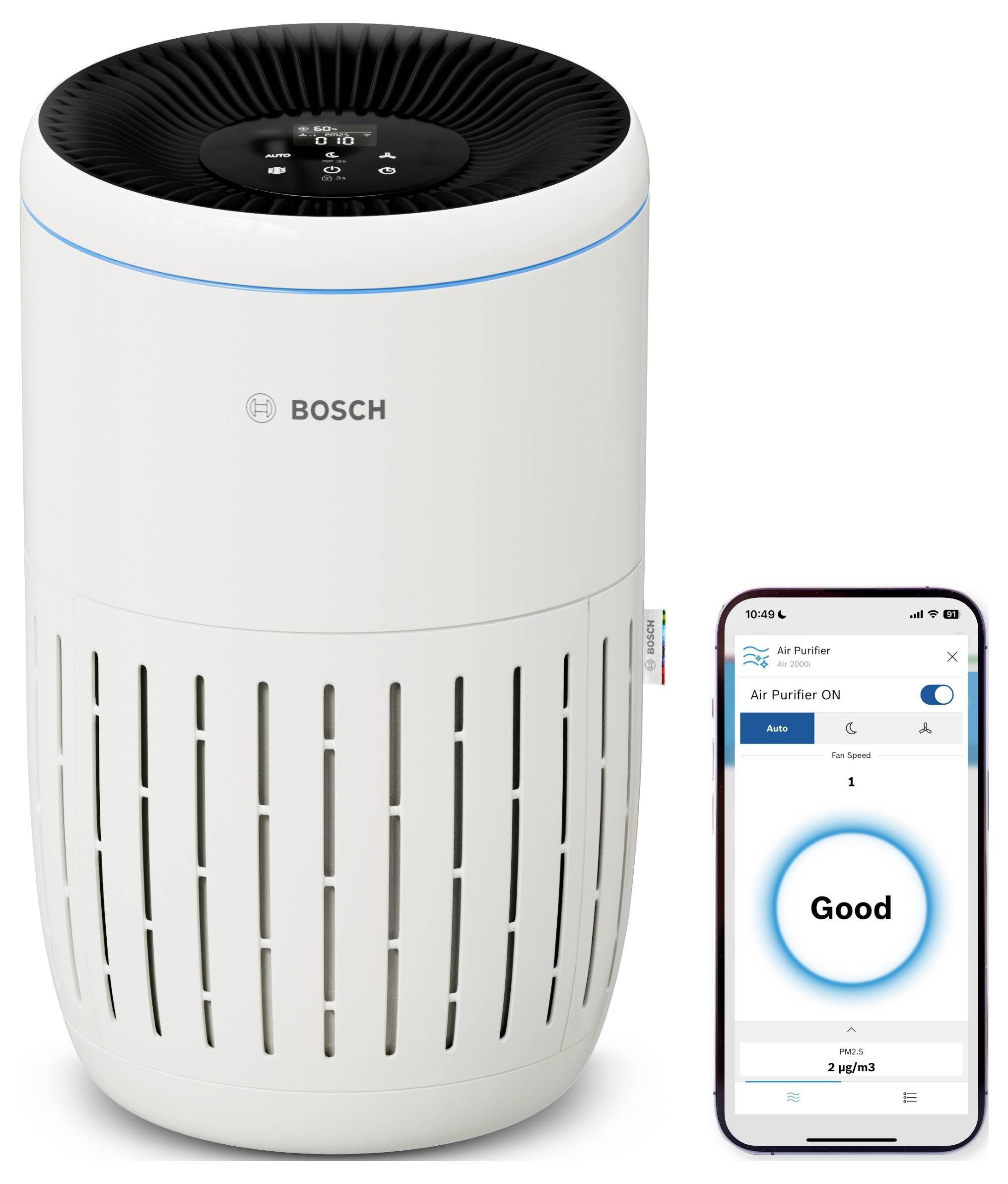 A white air purifier with a digital display. Next to it, a smartphone screen shows the app with an air quality indicator reading 'Good'.