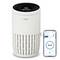 A white air purifier with a digital display, next to a smartphone showing the control app for the purifier.