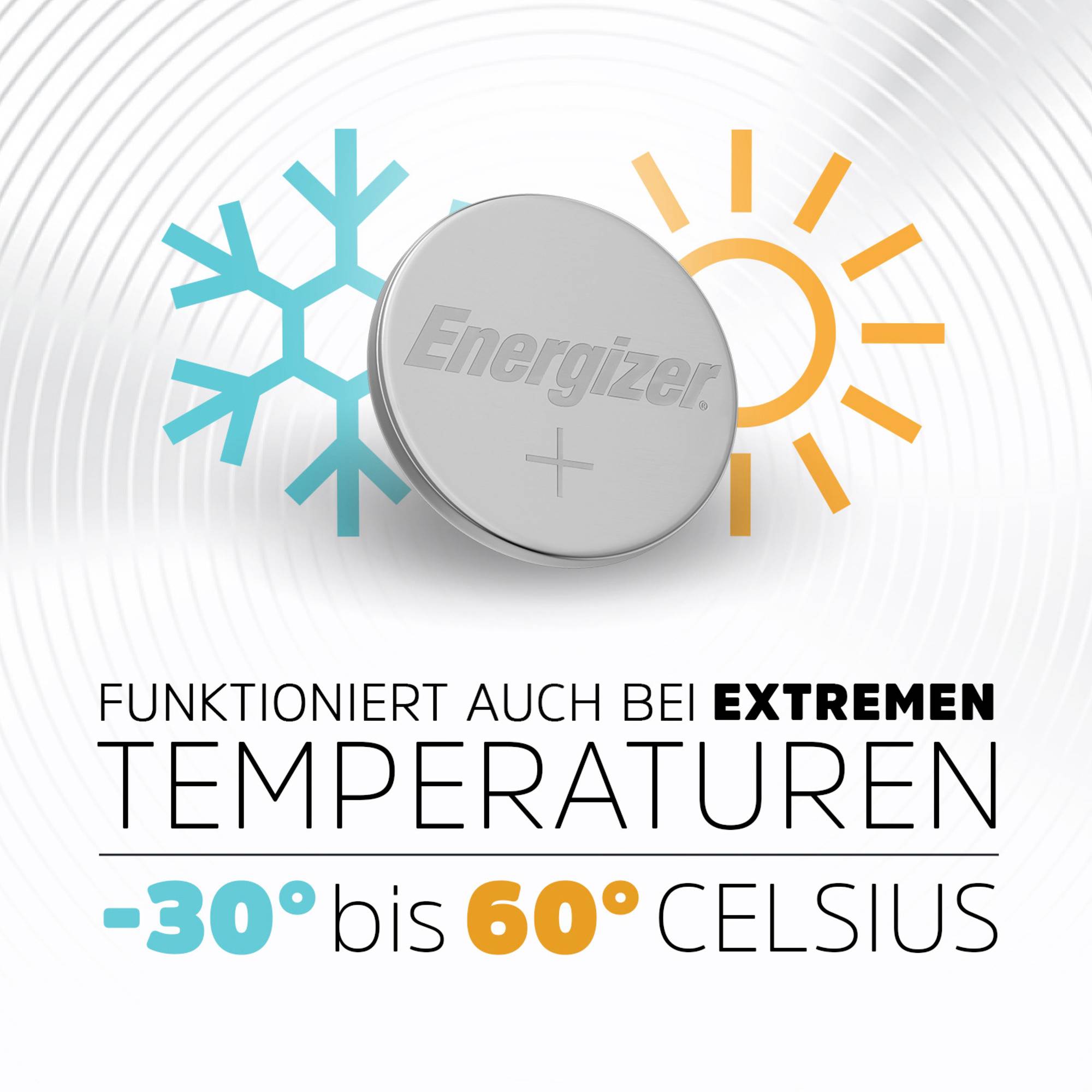 'Energizer' Battery between Snowflake and Sun. Text: 'Works effectively at extreme temperatures from -30 to 60 degrees Celsius'.