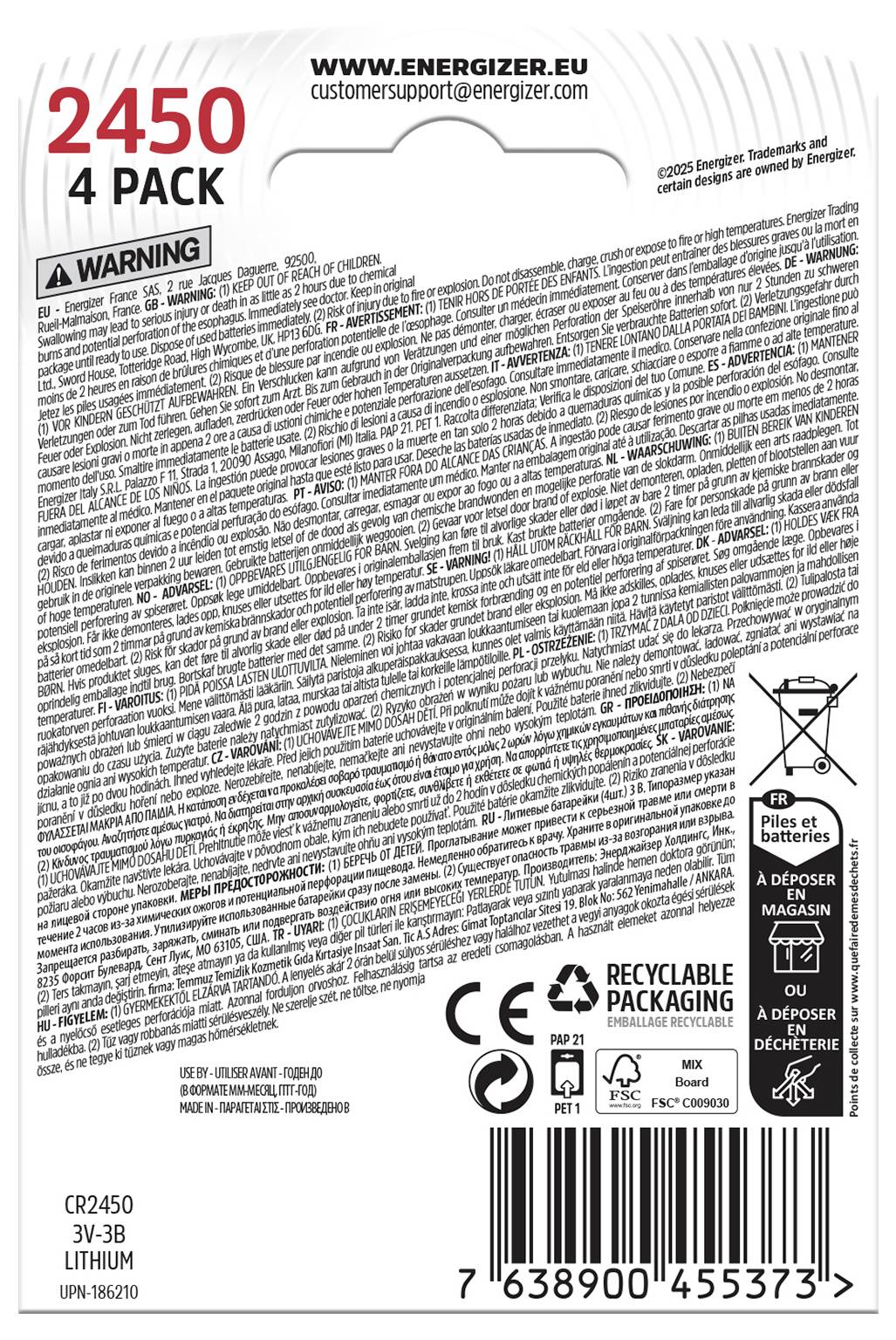 'Pack of 4 Energizer Lithium Batteries CR2450 3V-3B. Warning notices and recycling symbols on the reverse of the packaging.'