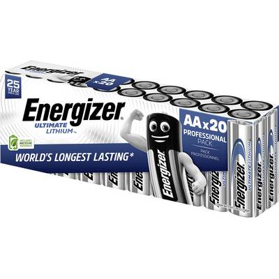 Energizer Battery Pack of 20 AA Ultimate Lithium Batteries, marketed as 'world's longest-lasting', with recycling information.