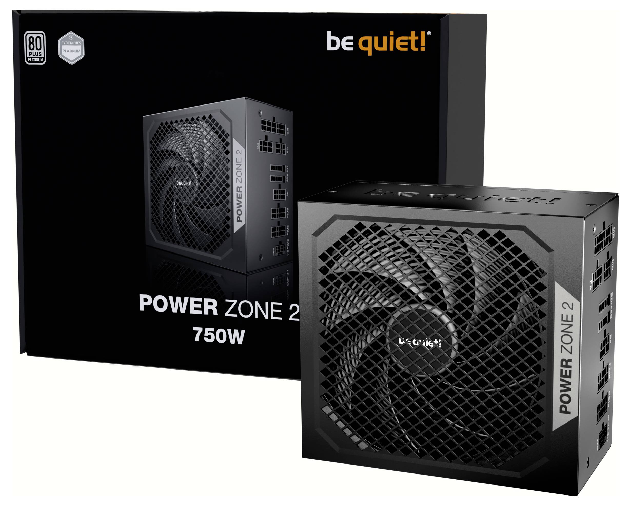 Power supply 'be quiet! Power Zone 2, 750W' in front of black packaging with 80 Plus Bronze seal. Large air opening for cooling.