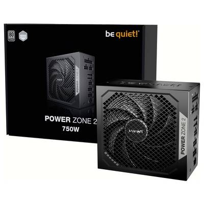 Power supply 'be quiet! Power Zone 2, 750W' in front of black packaging with 80 Plus Bronze seal. Large air opening for cooling.