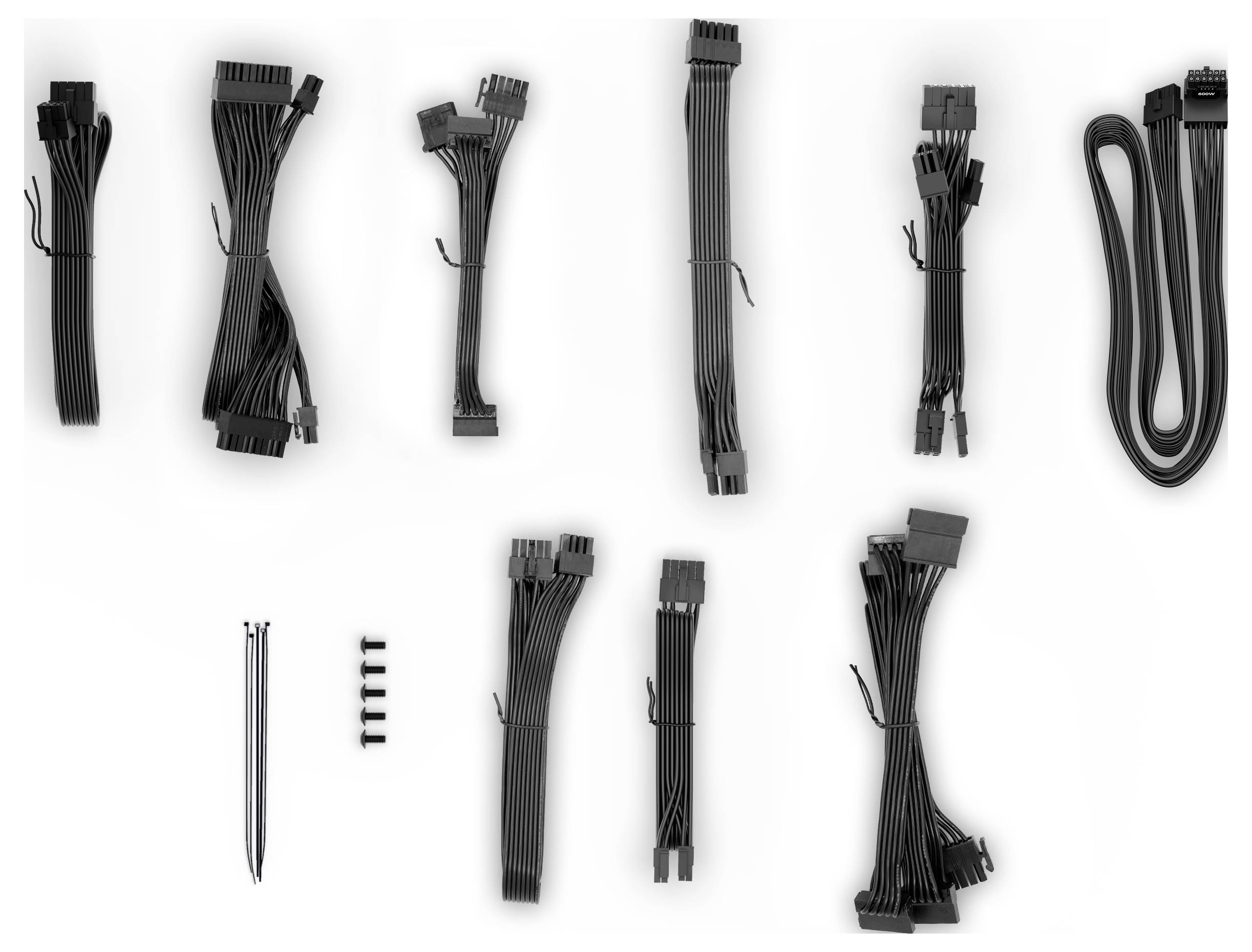 Various black computer cables and cable ties on a white background, for connecting computer components.